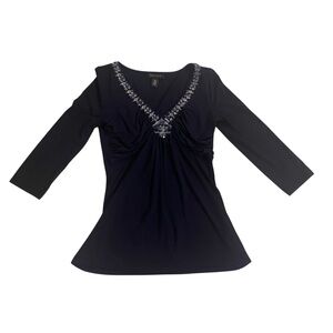 White House Black Market Navy V-Neck 3/4 Sleeve Top XS